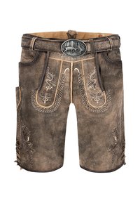 Braune Leder Shorts mit dekorativer Naht, metallischen Akzenten und seitlichen Taschen. Komplexe Blumenmuster sind auf dem Stoff sichtbar.