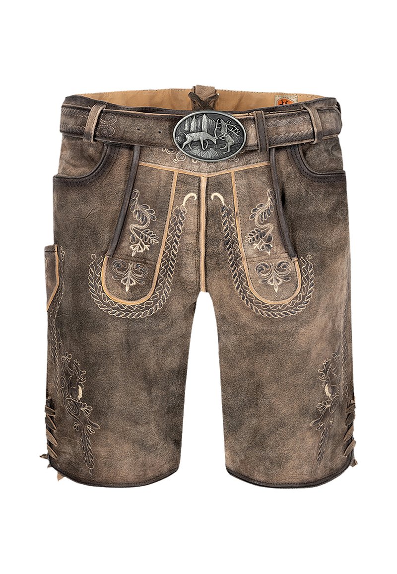 Braune Leder Shorts mit dekorativer Naht, metallischen Akzenten und seitlichen Taschen. Komplexe Blumenmuster sind auf dem Stoff sichtbar.