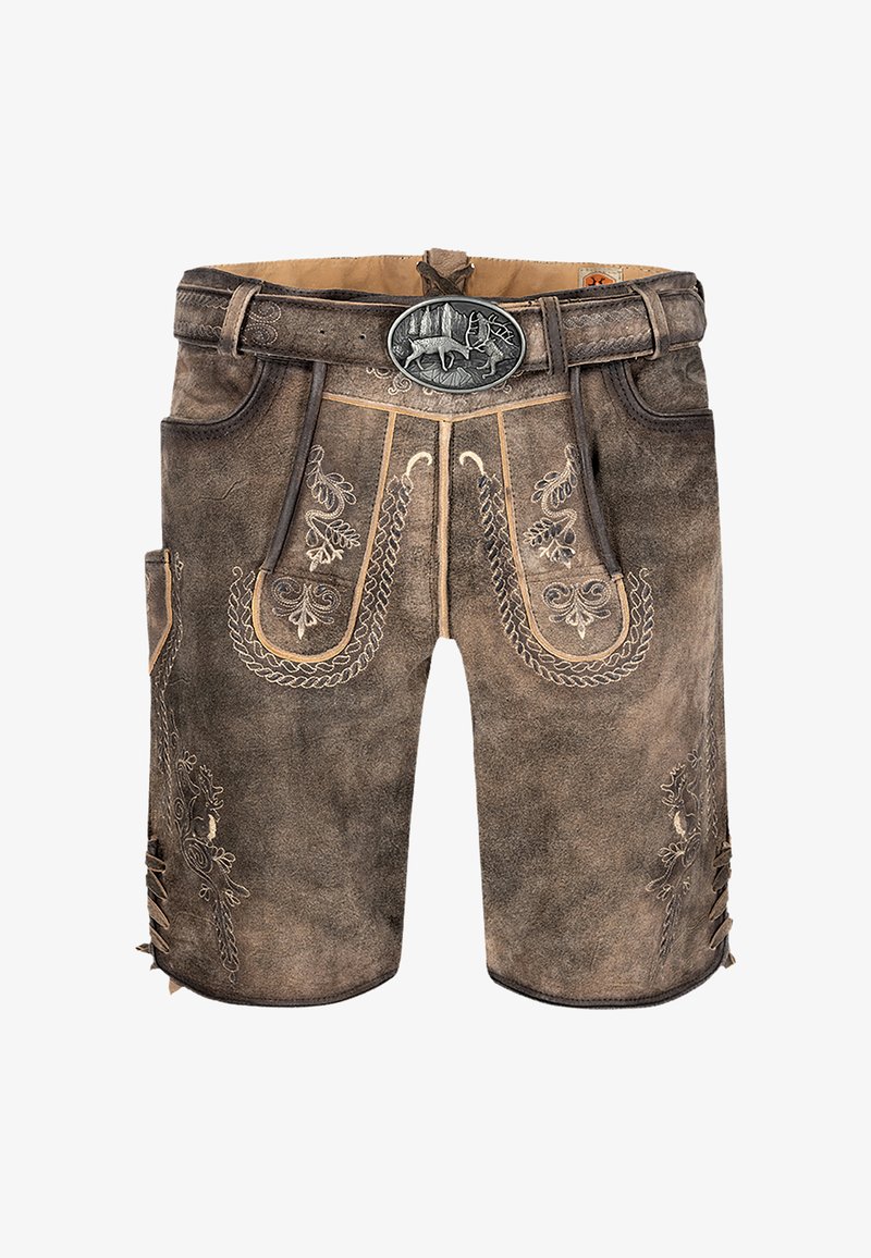 Shorts in pelle marrone con cuciture decorative, accenti metallici e tasche laterali. Sono visibili motivi floreali intricati sul tessuto.