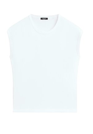 Top bianco semplice senza maniche con scollo tondo, vestibilità comoda e piccola etichetta nera sul collo.