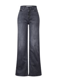Hoge taille wijde jeans van donkerdenim, met een knoopsluiting, vijf zakken en subtiele vervagingen in de stof.