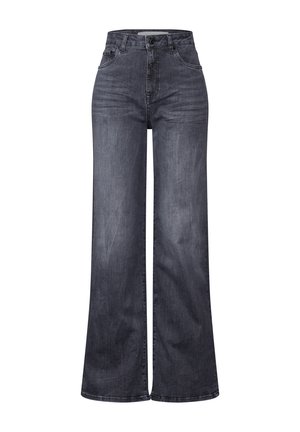 Jean taille haute à jambes larges en denim foncé, avec une fermeture à bouton, un design à cinq poches et un léger délavage sur l'ensemble du tissu.