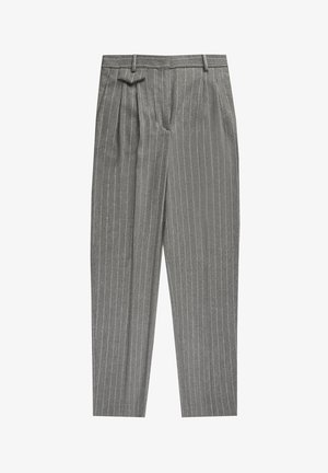 Grijze gestreepte broek met een rechte snit, voorzien van een geplooide voorkant, riemlussen en een gladde stoftextuur.