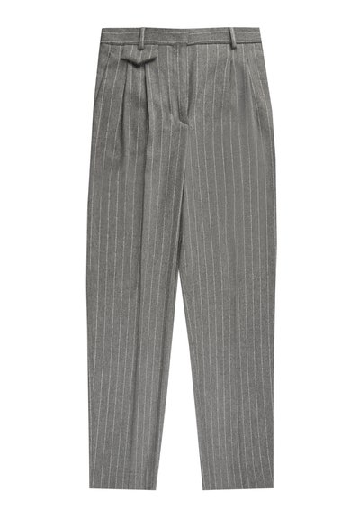 Pantaloni grigi a righe sottili con un taglio dritto, dotati di una parte anteriore plissettata, passanti per cintura e una trama di tessuto liscia.