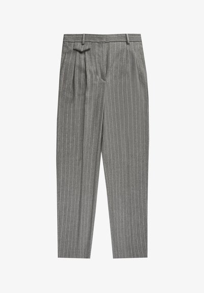 Grijze gestreepte broek met een rechte snit, voorzien van een geplooide voorkant, riemlussen en een gladde stoftextuur.