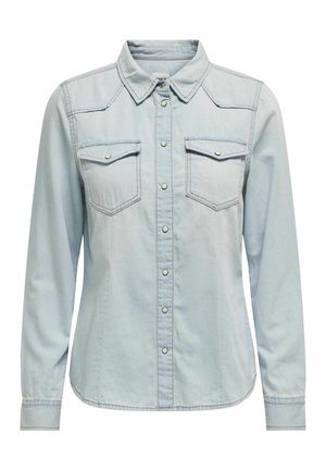 Plytųjų danguje džinsinio audinio marškiniai su klasikiniu apykaklės dizainu, ilgomis rankovėmis, dviem krūtinės kišenėmis ir mygtukų uždarymu priekyje, papildytu kontrastinga siuvimo linija.