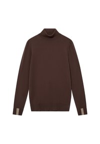 Brauner Rollkragenpullover aus weichem Stoff, mit langen Ärmeln und kontrastierenden beigen Akzenten an den Bündchen, minimalistisches Design.