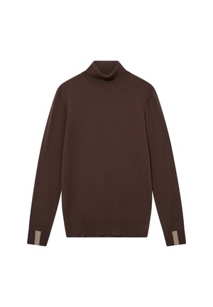 Brown turtleneck sweater made of soft fabric, featuring long sleeves and contrasting beige accents at the cuffs, minimalistic design.