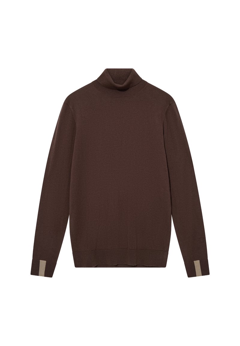 Brauner Rollkragenpullover aus weichem Stoff, mit langen Ärmeln und kontrastierenden beigen Akzenten an den Bündchen, minimalistisches Design.