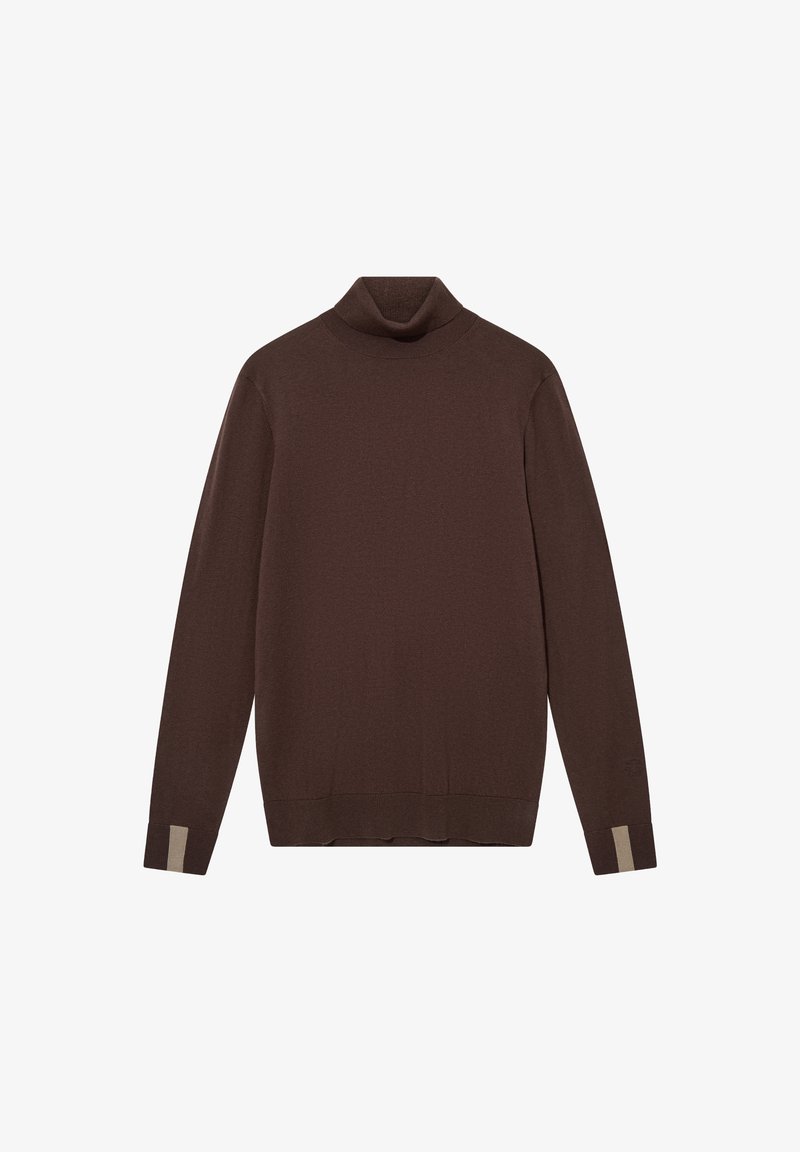 Brauner Rollkragenpullover aus weichem Stoff, mit langen Ärmeln und kontrastierenden beigen Akzenten an den Bündchen, minimalistisches Design.
