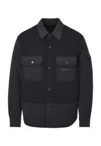 Giubbotto nero con chiusura frontale a bottoni, parte inferiore trapuntata e due tasche sul petto. Presenta un colletto piatto e tessuti a contrasto.