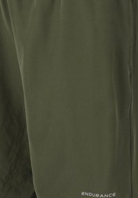 Groene sportshorts gemaakt van lichtgewicht stof. Kenmerken zijn onder andere een gladde textuur, elastische tailleband en het "ENDURANCE" logo in het wit.
