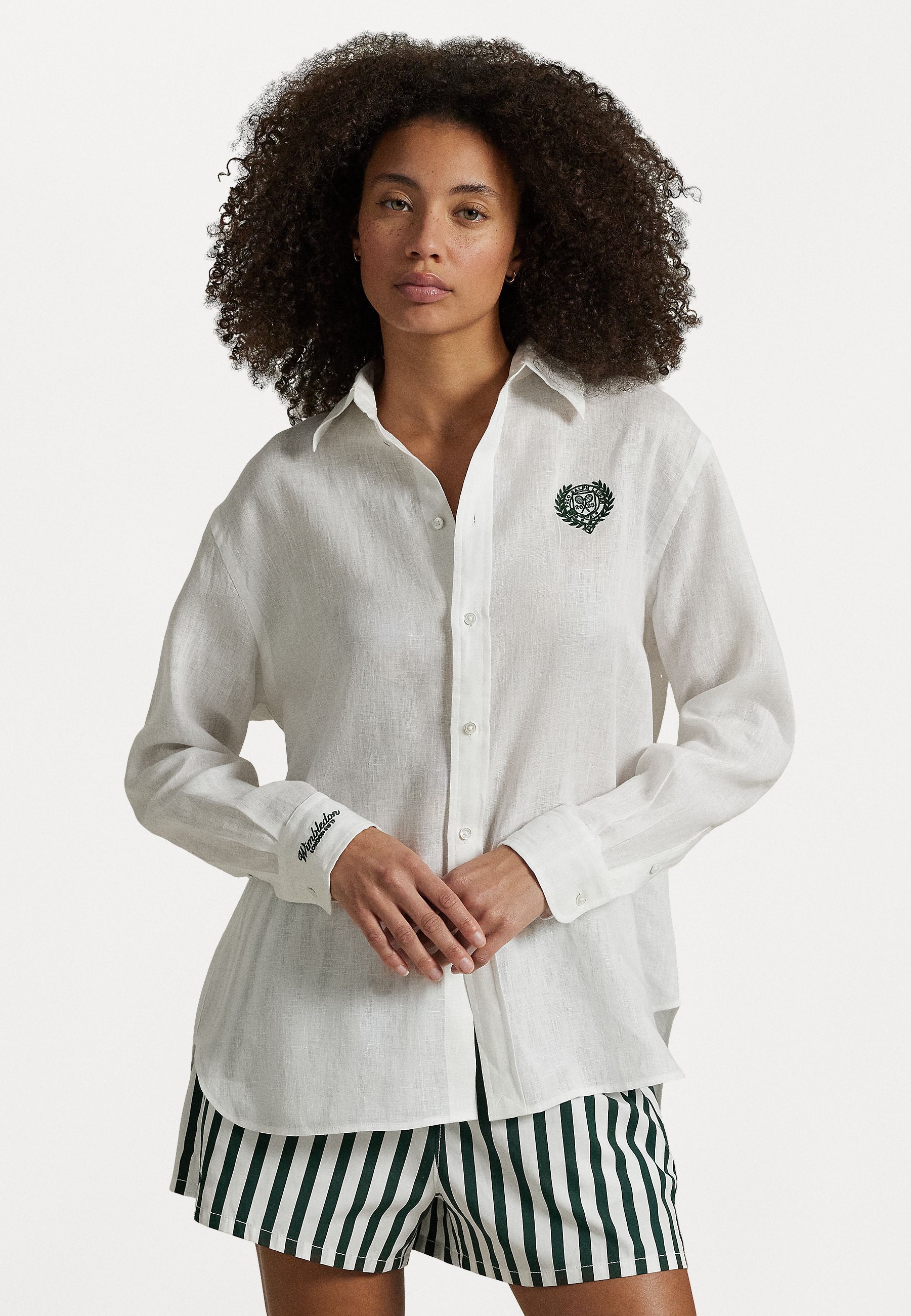 売れ筋商品|||ラルフローレン シャツ レディース トップス WIMBLEDON OVERSIZE FIT CREST SHIRT - Button-down blouse - white Wimbledon Oversize Fit Crest Linen Shirt in White | Ralph