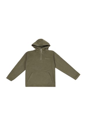 Fleece-Hoodie in Olivgrün mit einer Fronttasche, langen Ärmeln und einem halben Reißverschluss. Mit einem Logo auf der Brust und einer weichen Textur.