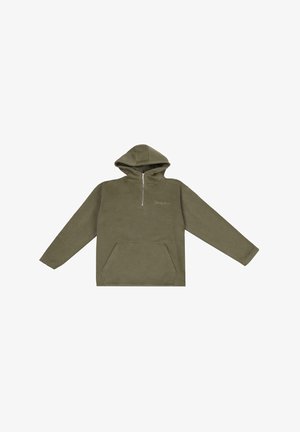 Fleece-Hoodie in Olivgrün mit einer Fronttasche, langen Ärmeln und einem halben Reißverschluss. Mit einem Logo auf der Brust und einer weichen Textur.