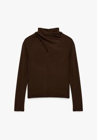 Top marrón de manga larga con cuello alto drapeado, hecho de un material suave. Presenta una silueta ajustada y costuras planas para una apariencia elegante.