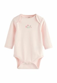 Roza bodysuit s dolgimi rokavi, izdelan iz mehkega bombaža. Ima cvetlične vezenine na prsih in zapenjala na dnu za enostavno oblačenje.