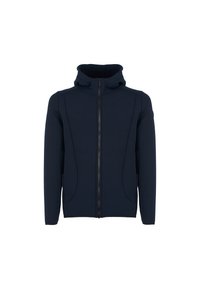 Felpa con zip di colore blu navy realizzata in tessuto morbido. Presenta un collo alto, due tasche laterali e dettagli a cucitura curva sul davanti.