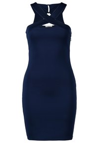 Robe moulante sans manches bleu marine avec bretelles croisées au niveau de l'encolure et fermeture par boutons dans le dos.