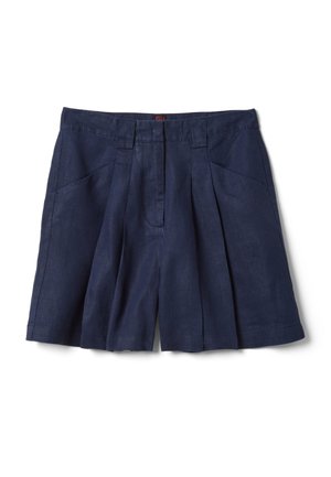 Marineblaue plissierte Shorts knieumspielend mit Vordertaschen und Gürtelschlaufen, aus leichtem Stoff gefertigt.