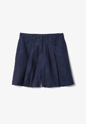Marineblaue plissierte Shorts knieumspielend mit Vordertaschen und Gürtelschlaufen, aus leichtem Stoff gefertigt.