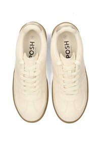 Zapatillas de color crema con parte superior de cuero texturizado, puntera redonda, cordones planos y suela de goma. Tamaño 37 está impreso en el interior.