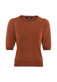 Rust-colored knit sweater featuring short puff sleeves, round neckline, and a fitted hem. The texture is smooth and slightly shimmery.
