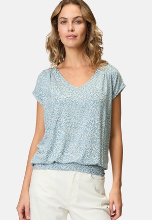 Blue short-sleeve top with a V-neck, featuring a white abstract pattern and a relaxed fit, made from a soft, lightweight fabric.