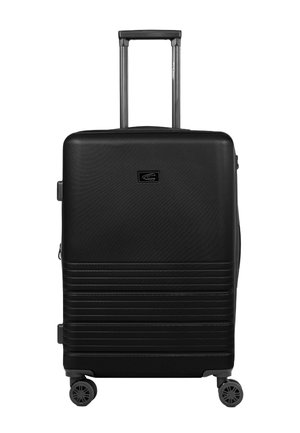 Black hard-shell suitcase with textured surface, horizontal lines on the front, two wheels, and an extendable handle for easy mobility.