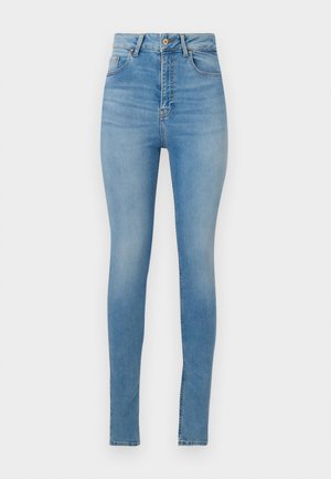 Jeans skinny de cintura alta em denim azul claro. Apresenta passantes para cinto, fecho frontal com botão e um design padrão de quatro bolsos.