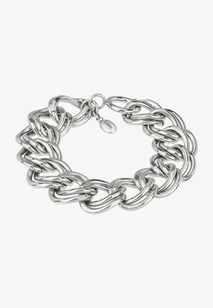 Silver metal chain bracelet featuring interlocking links with a polished finish and a clasp closure. Includes a small brand tag.
