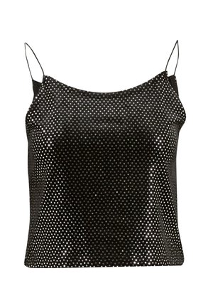 Zwart mouwloos topje met een stippenpatroon en metallic accenten. Voelt glad aan, heeft een losse pasvorm en dunne verstelbare bandjes.