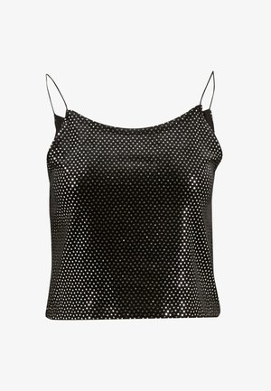 Schwarzes ärmelloses Top mit gepunktetem Muster und metallischen Akzenten. Glatter Stoff mit lockerer Passform und dünnen, verstellbaren Trägern.