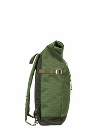 Green fabric backpack with a roll-top closure, adjustable straps, and a side pocket. Features a dark green bottom and grey accents.