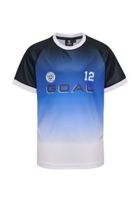 Blå gradient sportströja med svarta detaljer. Har "GOAL" tryckt i svart och nummer "12" i vitt. Kortärmad och rund halsringning.