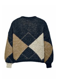 Pleteni pulover v temno modri, bež in krem barvi. Ima argyle vzorec, ohlapen kroj in rebraste manšete. Mehak tekstur.