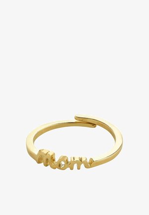 Bague en métal doré portant le mot "Maman" dans un design en cursive. Bande lisse en métal avec une forme ouverte pour un ajustement de taille.