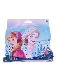 Due fasce per capelli decorate con personaggi animati su uno sfondo blu. Una è rosa e presenta trecce e un cappello; l'altra è blu.