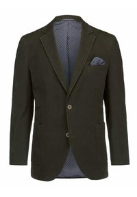 Dark olive green blazer with two buttons, notched lapels, front pockets, and patterned blue inner lining. Features a decorative pocket square.