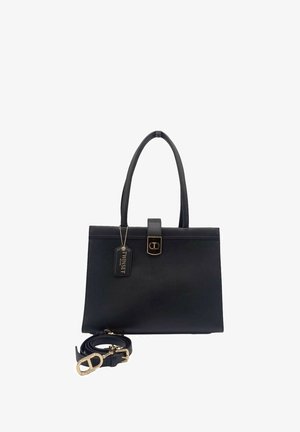 Schwarze synthetische Handtasche mit zwei oberen Griffen und abnehmbarem Schulterriemen. Verfügt über goldfarbene Beschläge und ein gebrandetes Etikett.