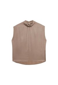 Blusa senza maniche in satin marrone chiaro con colletto alto, caratterizzata da pince frontali e orlo curvo. Tessuto liscio e minimalismo nei dettagli.