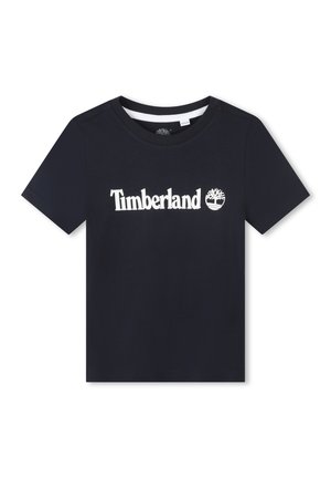 Marineblauwe katoenen t-shirt met korte mouwen, met een witte 'Timberland' logo en boomafbeelding op de voorkant. Klassiek ontwerp met ronde hals.