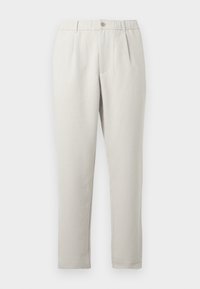 Calças bege claro de corte descontraído com ligeiro brilho, apresentando um cós elástico, bolsos frontais e um design de perna afunilada.