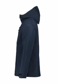 Marine vandtæt jakke med lynlås foran, fastgjort hætte og velcro ærmer. Har en glat tekstur og minimalistisk design.