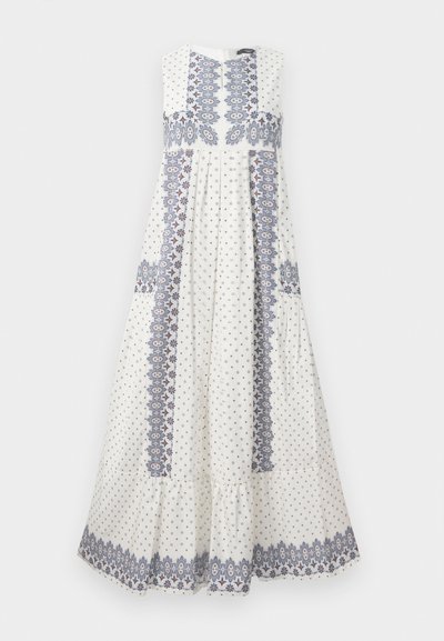 Maxi obleka iz lahkega materiala, z belo podlago in modrimi cvetličnimi ter geometrijskimi vzorci. Brezrokavni dizajn s plisiranjem in širokim robom.
