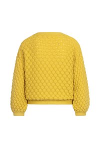 Kollane kudumipusa, millel on tekstureeritud muster, skaalaga kujundid, langenud õlad ning ribakujulised käised ja hem.