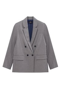 Blazer doppiopetto in un motivo a quadri. Tessuto grigio e nero, revers a lancia, due tasche frontali e fodera interna blu navy.