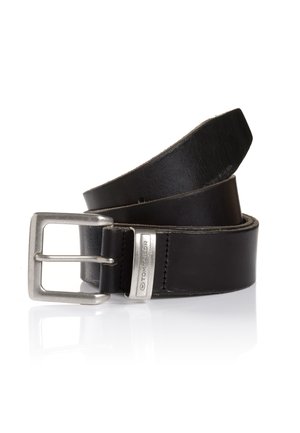 Black leather belt with a silver rectangular buckle and a metal logo plate. The texture is smooth with rounded edges and a polished finish.