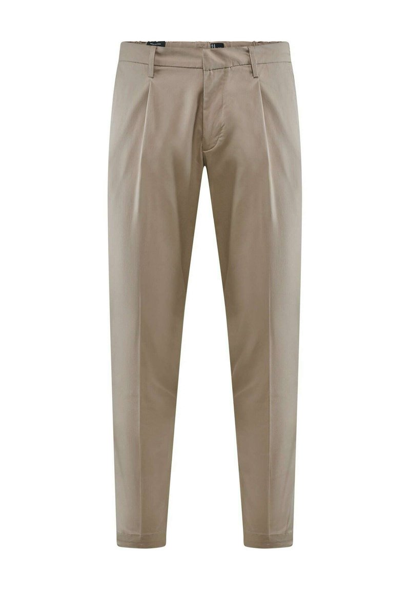 Pantaloni beige con taglio dritto, dotati di due pieghe frontali, passanti per cintura e tasche standard. Realizzati in tessuto leggero e morbido.