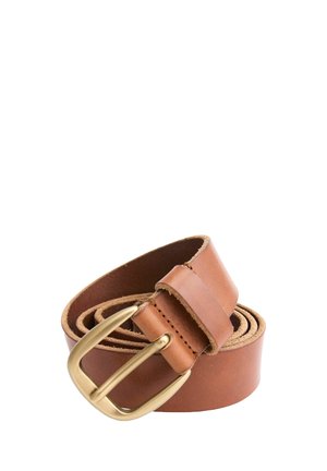 Rolled brown leather belt with a brass buckle placed on a white background.